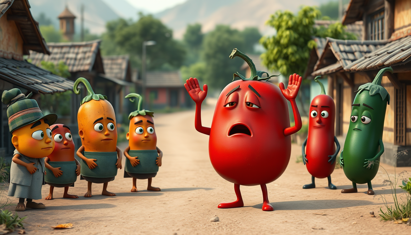 Main art studio: The same red tomato character standing in the middle of the village, raising both hands and desperately explaining that he is innocent. Around him, an