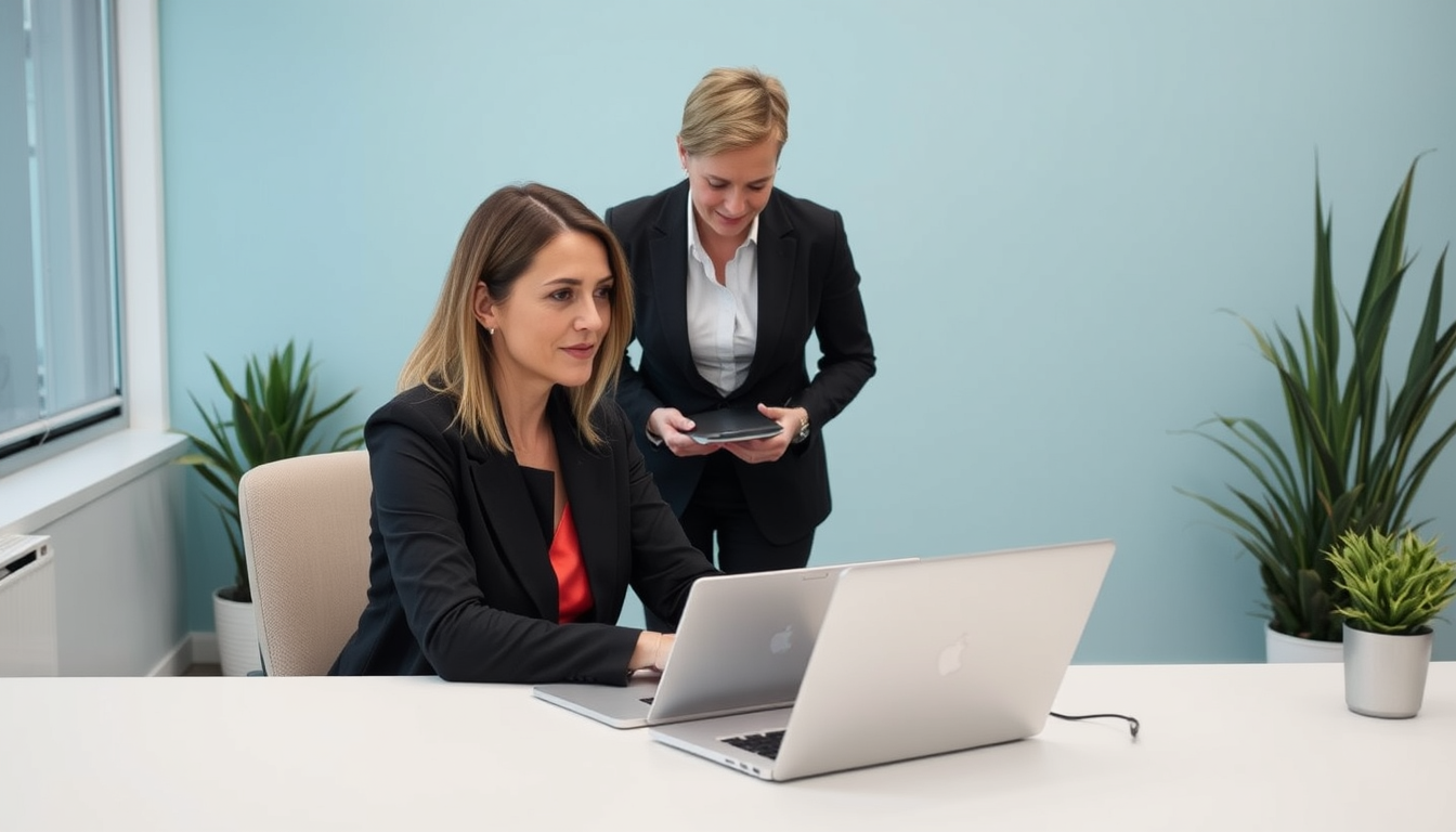 Main art studio: video with lady resigns work and returns office laptop