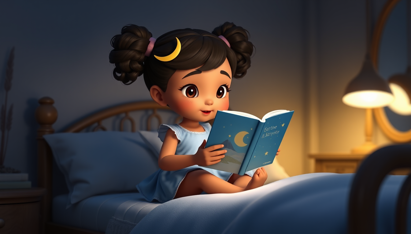 Main art studio: Same Luna character from the reference image, sitting on the edge of her bed at night, holding and reading a bedtime storybook. Same warm brown skin, 