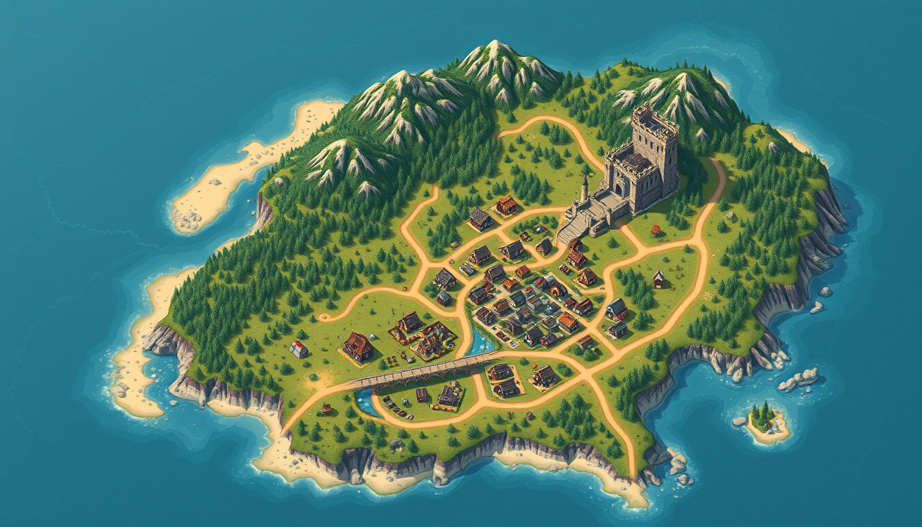 Fantasy Maps idea: a readable fictional world map with coherent coastlines, terrain regions, routes, and landmarks, deliberate composition, Create a 2D top-down medieval