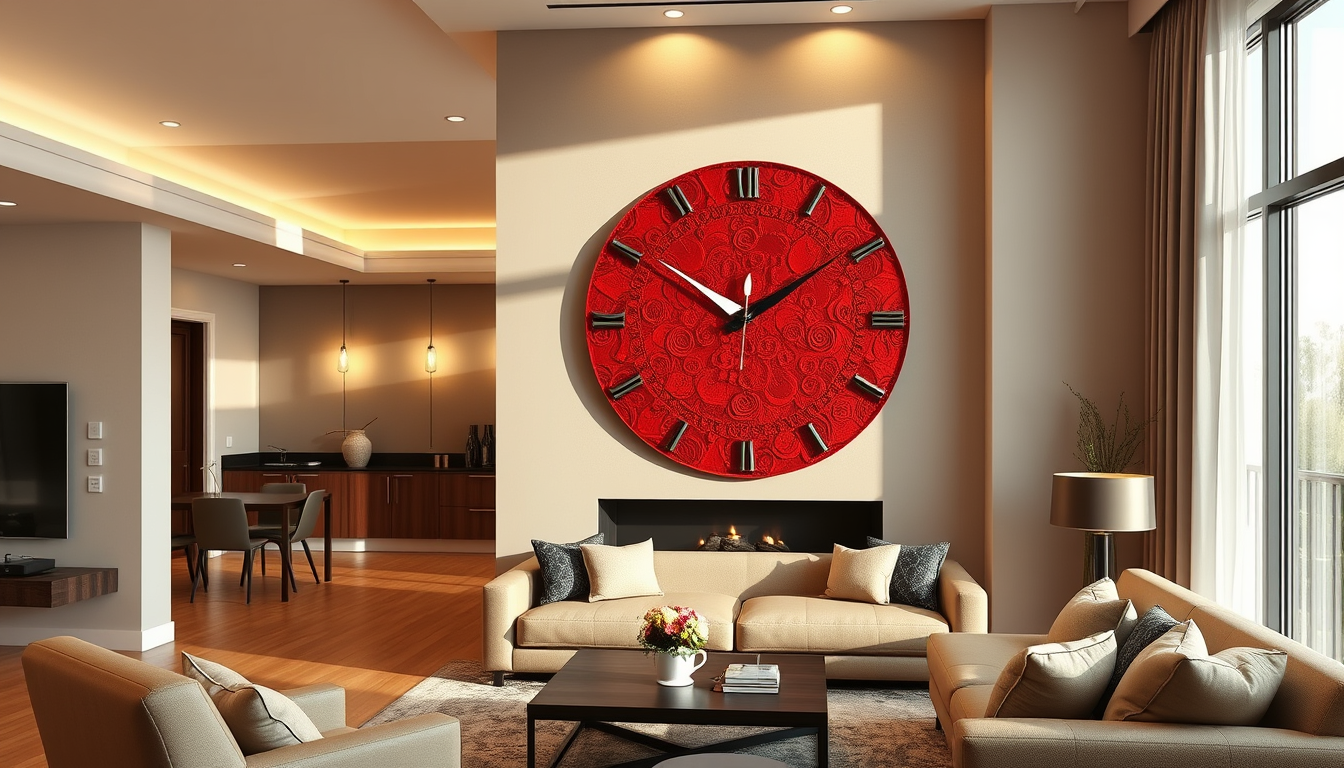 Main art studio: Resin wall clock with red velvet powder and raised stencil texture, displayed elegantly inside a beautiful modern home living room, realistic 3D embos