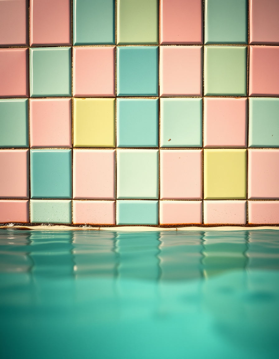 Main art studio: Extreme close-up of vintage Japanese public bathhouse ceramic tiles redesigned in contemporary pastel vivid colors, geometric repeating pattern, turqu