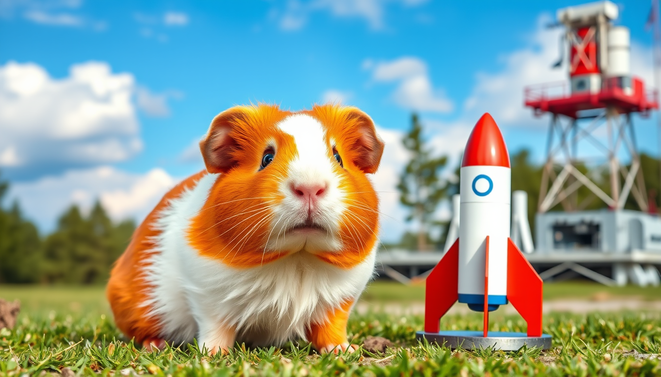 Main art studio: A cute realistic orange-and-white guinea pig named Zhorik stands next to a small colorful space rocket on a real outdoor launch site. Behind him is a