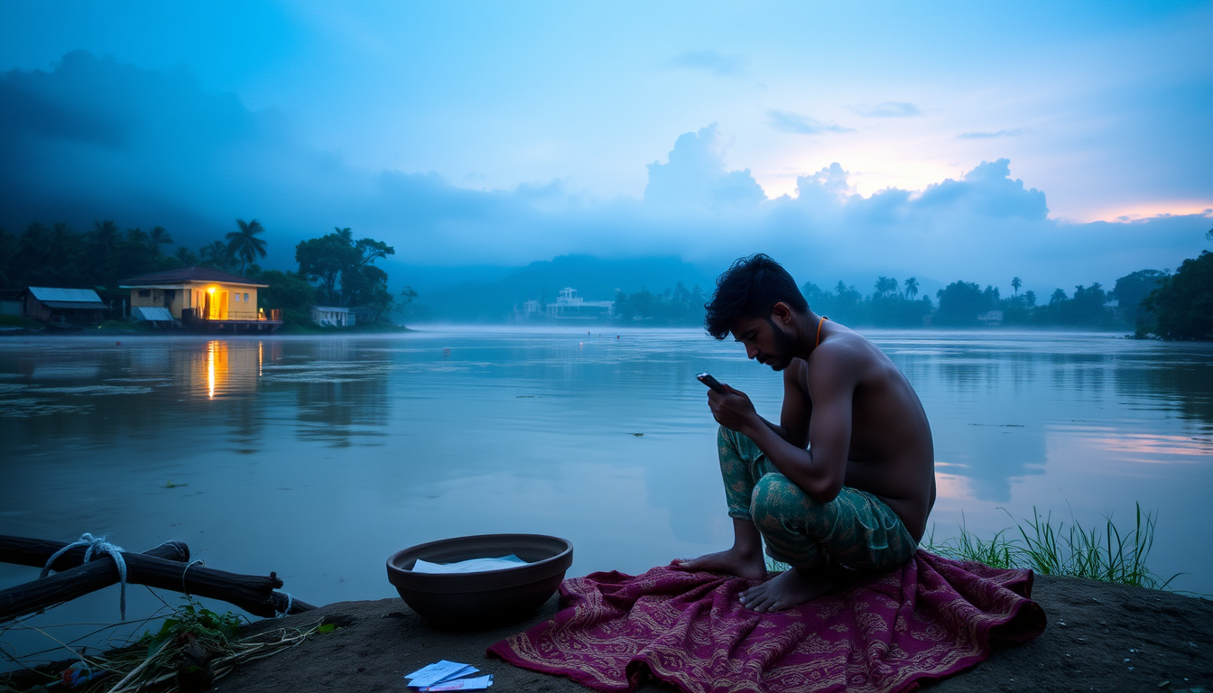 Main art studio: a man who makes namaz by the amazon river in the cloudy morning