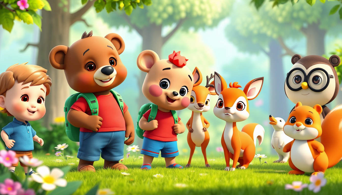 Main art studio: 3D animated children's cartoon. Bruno, a cute brown bear wearing a red T-shirt, blue shorts, and green backpack, meets Lily, a sweet little deer with