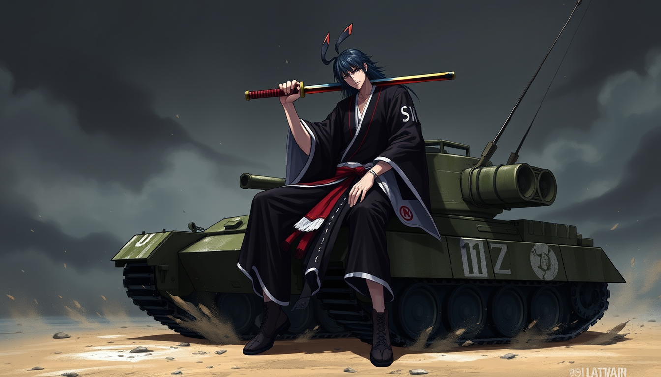 Main art studio: This image is intended to use as a profile picture for a mobile game called last war. A character from bleach called kenpachi zachari, holding his swo