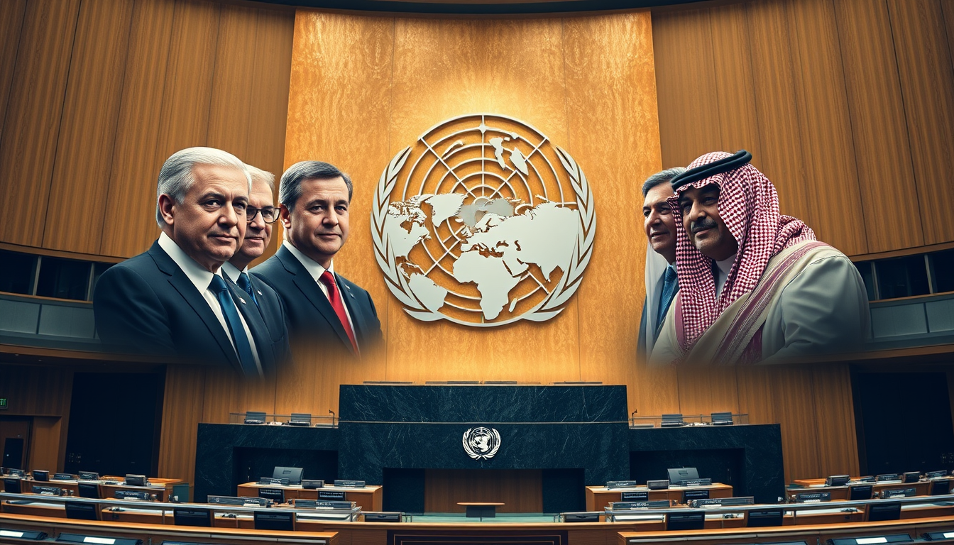 AI Art prompt example created from the prompt: Cinematic 16:9 news cover for the 81st UN General Assembly. UN hall, world map and six leaders: Guterres, Macron, Erdoğan, Trump, Lula and K