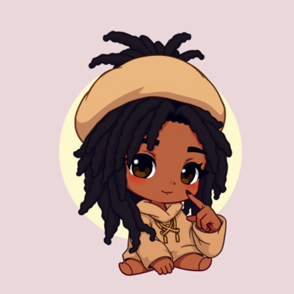 AI Art prompt example created from the prompt: black caramel female characte Chibi style character, oversized head, black dreadlocks, dark brown eyes, cozy cute stoner-adjacent vibe, smal
