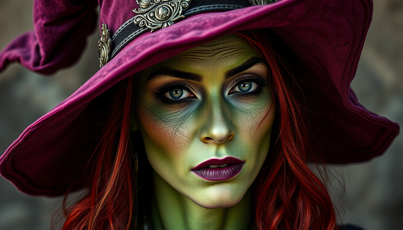 Main art studio: crear imagen Bruja con sombrero morado y la piel verde ccon cara de enojada y el sommbrero morado y el pelo con rulos color rojo