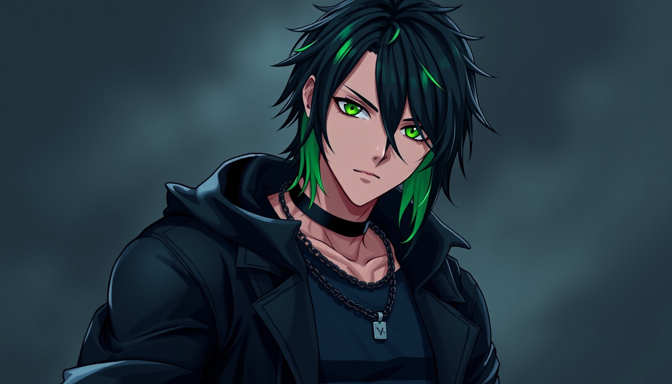 Main art studio: Full body Anime style male vtuber model with medium length black hair with emerald green highlights, green eyes and muscular body wearing dark emo sty