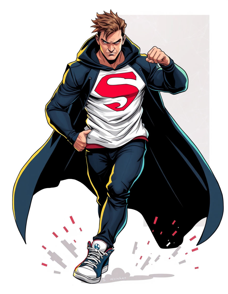 Superhero idea created from the prompt: original superhero character design, dynamic pose, bold costume, dramatic lighting, comic art energy, verschlafener Typ – Hoodie, Sneaker un