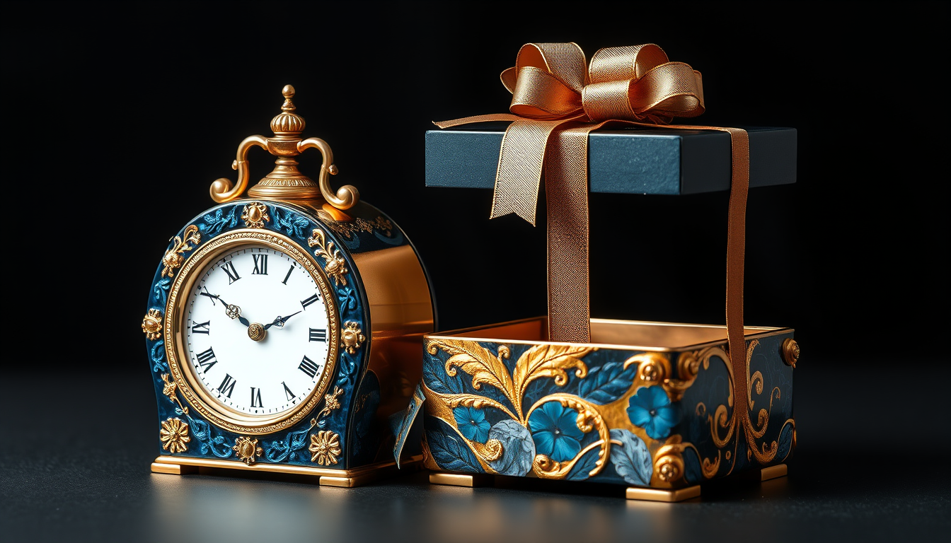 Main art studio: Resin clock and gift box, blue and gold, beautiful luxury gift, realistic photo