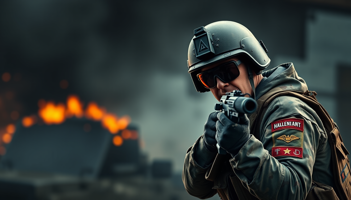 YouTube Banners idea: youtube channel banner, wide 16:9 composition, bold branding graphics, Make the image have military trading in it with a military person with a pew pe