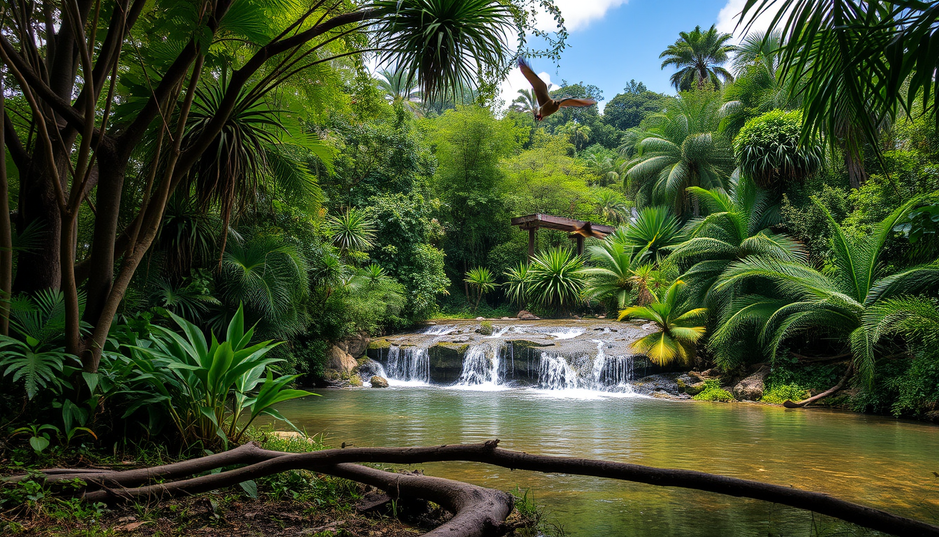 Main art studio: Tropenwald mit fliegenden Aras einem Wasserfall mit Teich und einer Bartagame und griechischen Landschildkröte