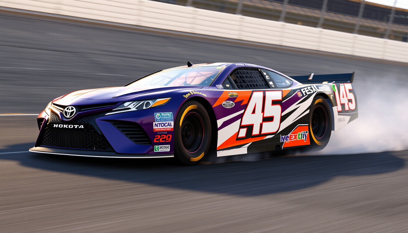 Main art studio: Photorealistic cinematic NASCAR race, 2026 Cup Series. Show Denny Hamlin #11 catching and overtaking Tyler Reddick #45 through a high-speed oval corne