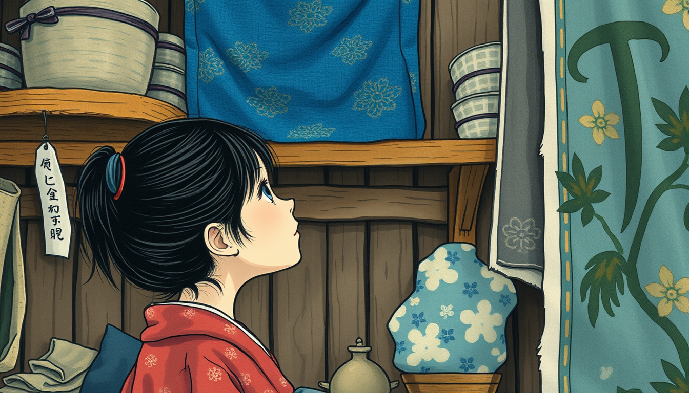 Main art studio: Little Japanese girl with her hair tied up, inside the old ramshackle shop looking up at the blue fabric way up high on a dusty shelf, barely visible