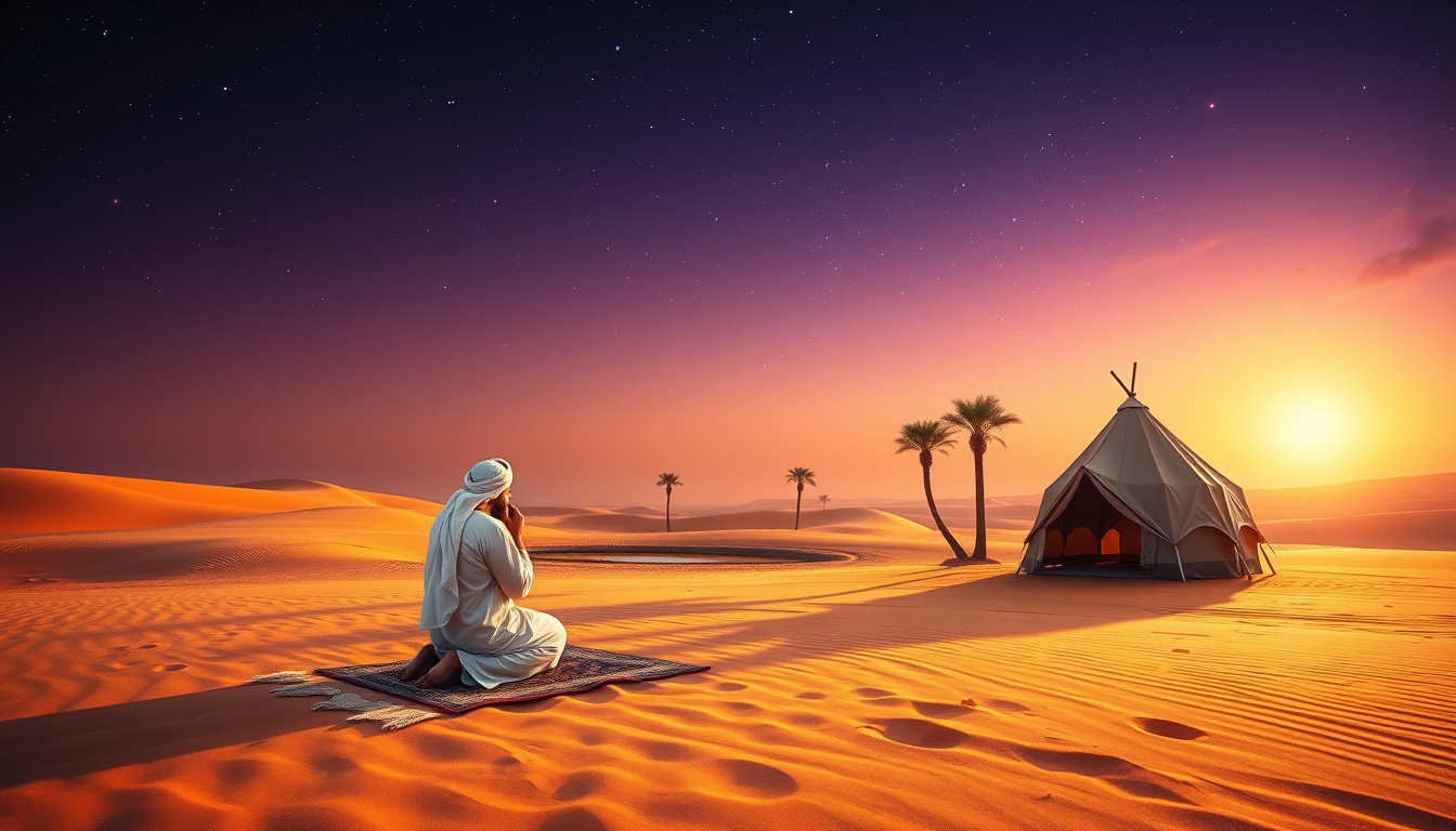 Main art studio: Prompt: A serene and peaceful desert landscape at sunset (Maghrib twilight time), showing a Muslim man in white thobe and traditional headwear perform
