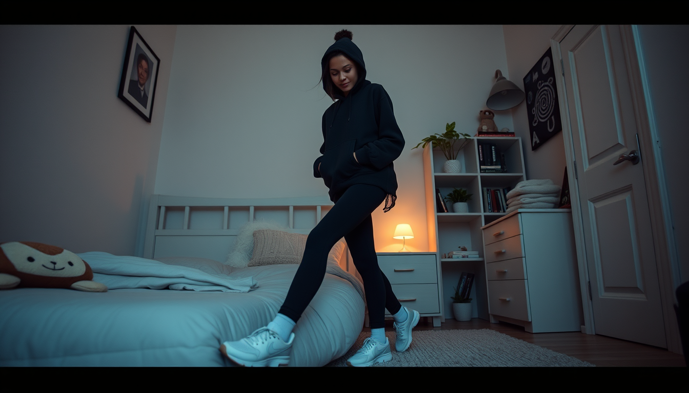 Main art studio: Une fille métisse avec un legging noir un sweat capuche noir et des chaussettes blanches Nike sais dans sa chambre avec ses TN a côté