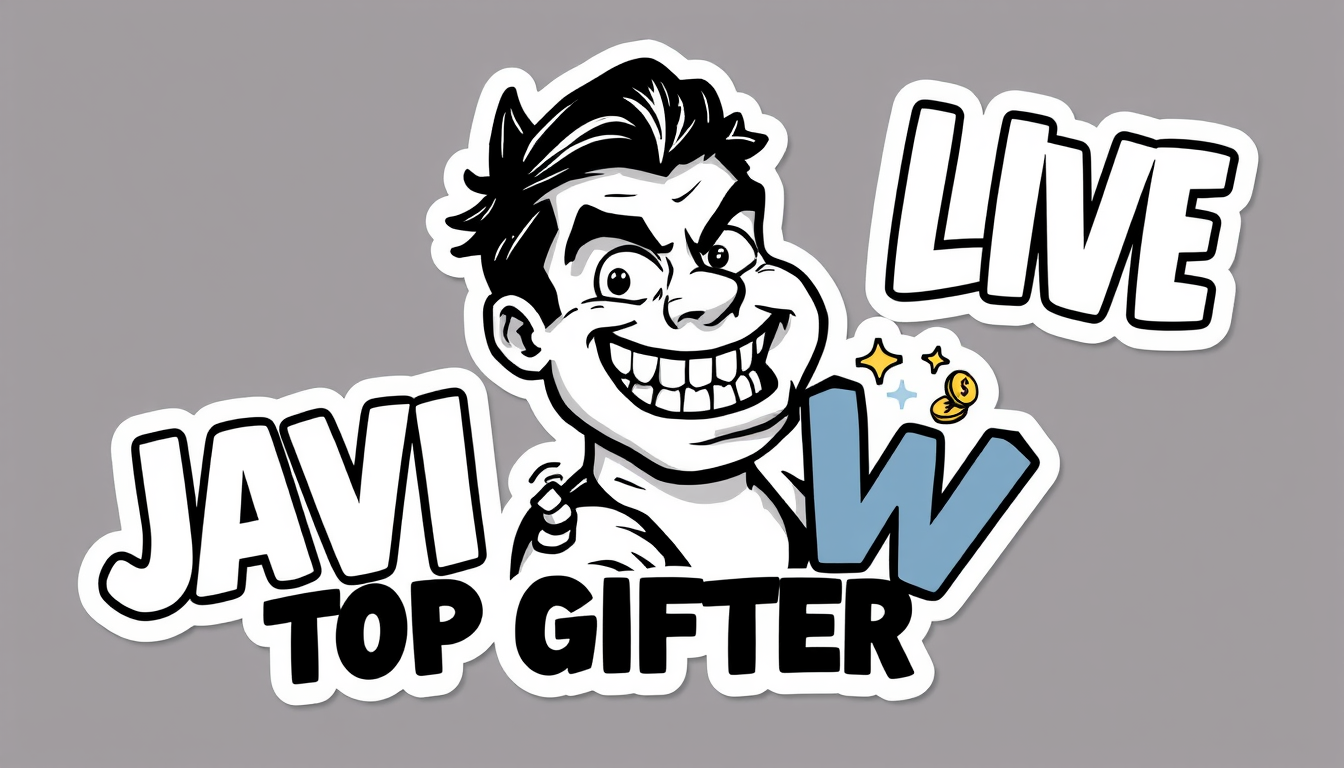 Main art studio: Create a TikTok LIVE sticker for Angelo 🦈🖤 featuring Javi, Angelo’s TOP GIFTER. Make Javi an exaggerated, confident cartoon character with a funny “