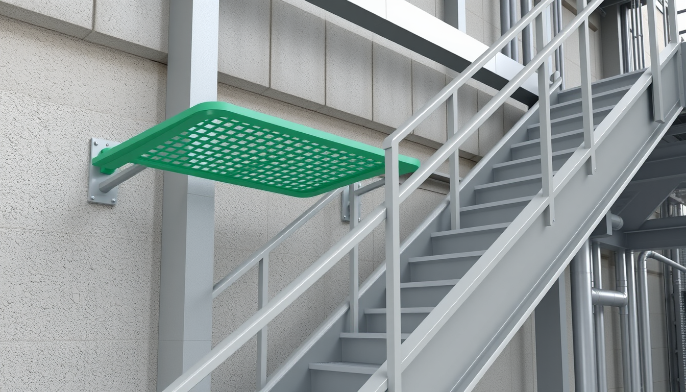 Main art studio: 3D engineering CAD render of an industrial steel staircase inside a sulfur processing plant. Along the concrete wall and steel frames of the staircase