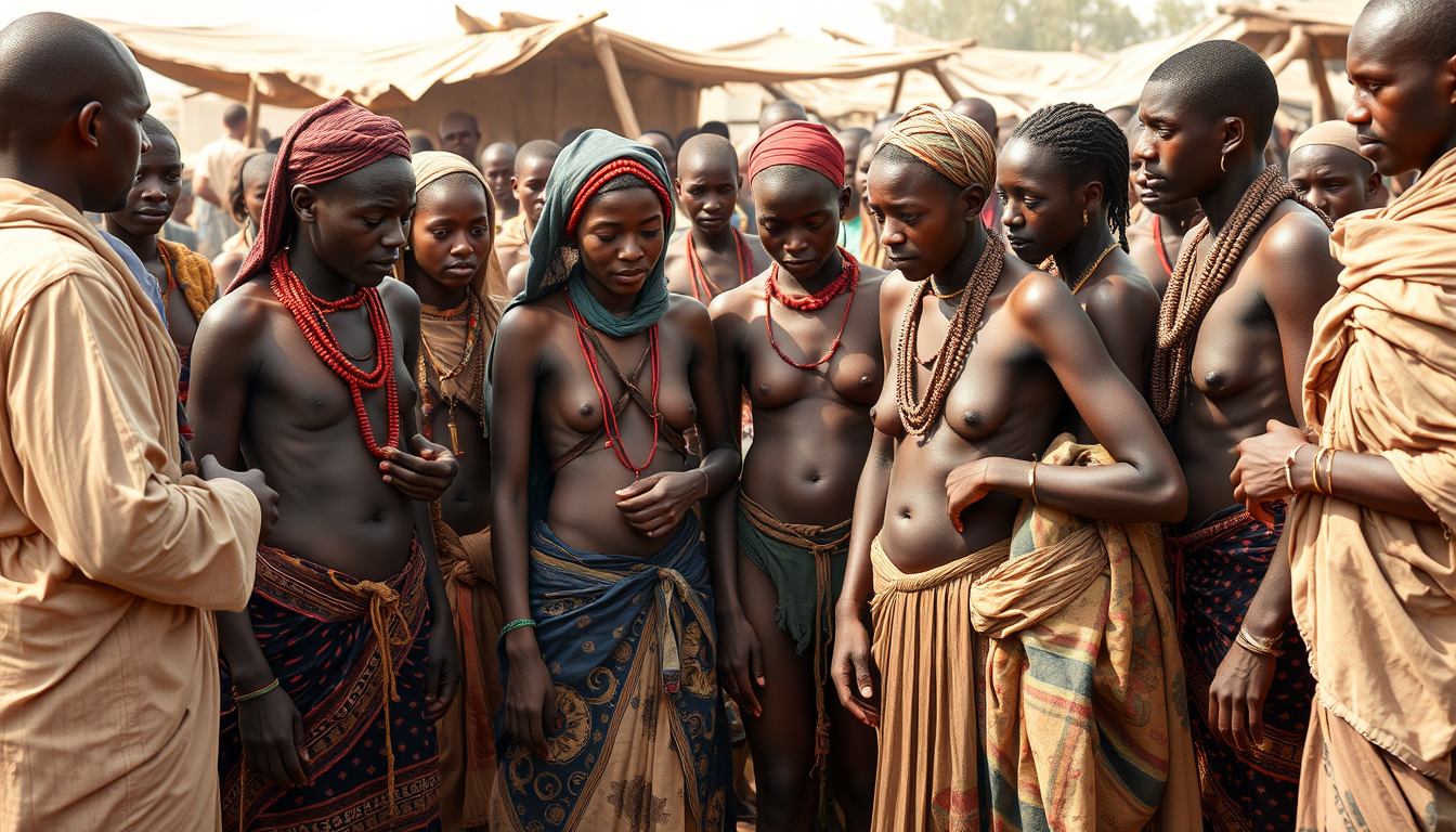 Main art studio: captured christian female slaves being inspected by men in a saharan slave market, already having fully stripped them of any clothing and inspecting t
