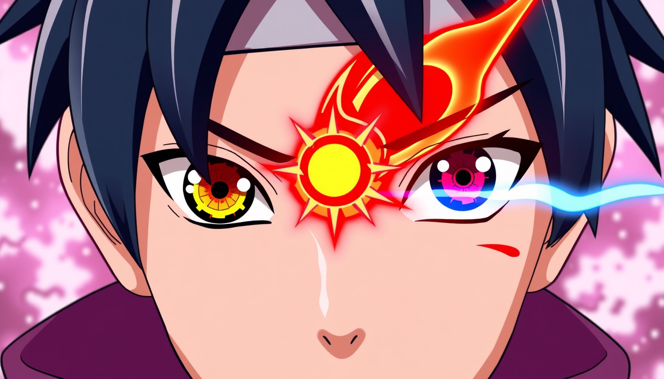 Anime idea: anime style, vibrant colors, expressive eyes, Normal human anime face. Only ONE supernatural eye combining Sasuke’s Mangekyo Sharingan and Kawaki’s ac