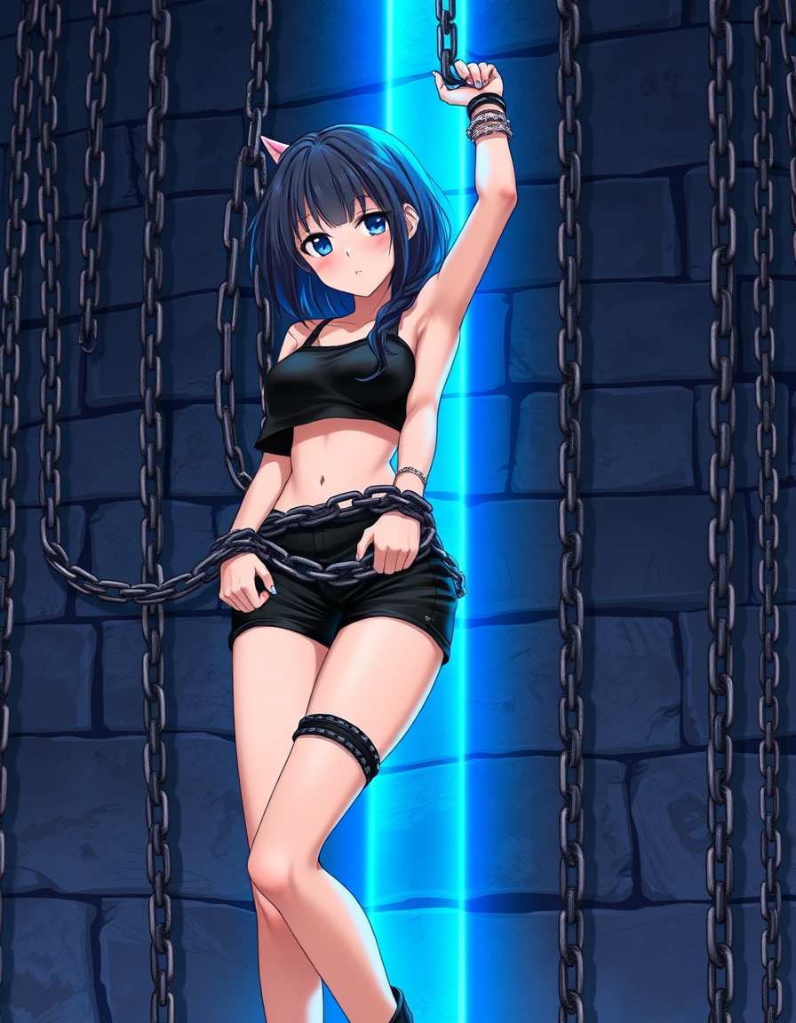 Main art studio: Anime girl wearing a black cropped top and short shorts, held against a grey stone wall by dozens of thick metal chains around her wrists, arms, waist