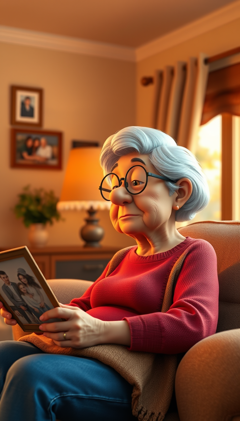 Main art studio: Elderly American grandmother with white hair and glasses sitting alone in a cozy living room, looking at old family photos, emotional expression, warm