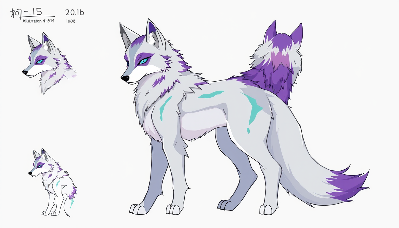 Fursona idea: fursona character, anthropomorphic animal design, expressive personality, reference sheet style, A silver wolf full body fursona with purple, blue and