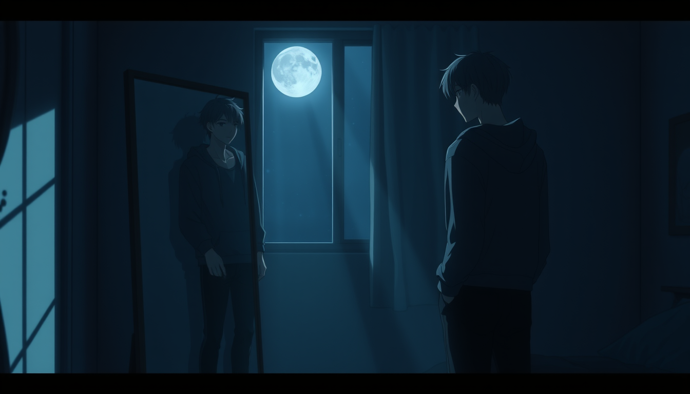 Main art studio: A cinematic anime movie scene of a young man alone in a small dark bedroom at night, standing quietly in front of a large mirror. He looks exhausted a