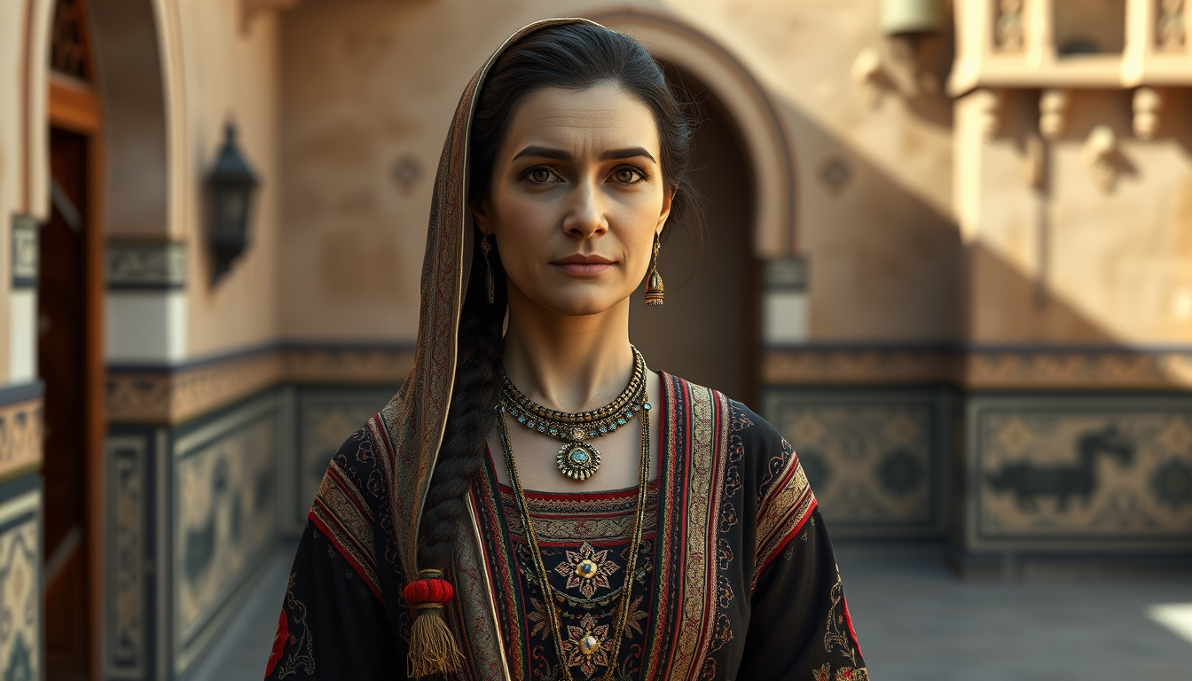 Main art studio: Full-body portrait of an adult Algerian Maghrebi woman, highly detailed semi-realistic 3D style. Authentic North African appearance, modest traditiona