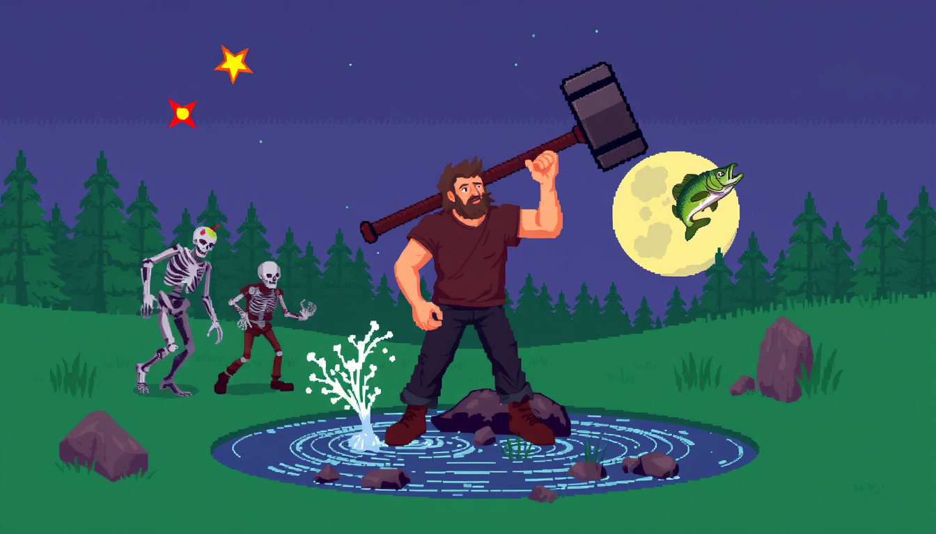 Main art studio: 240 x 160 pixel art, man in the center with a big hammer. a zombie and a skeleton. a pond with a bass fish jumping out of it. a shooting star and a mo