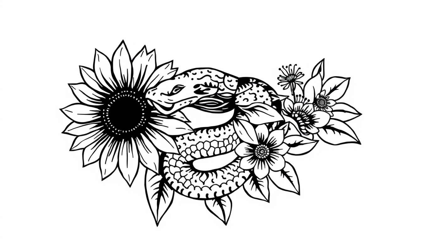 Main art studio: Tattoo stencil 6x8 Sunflower mandala style for shoulder snake entertained with flowers connecting to the shndlaowr mandala to cover into the upper arm