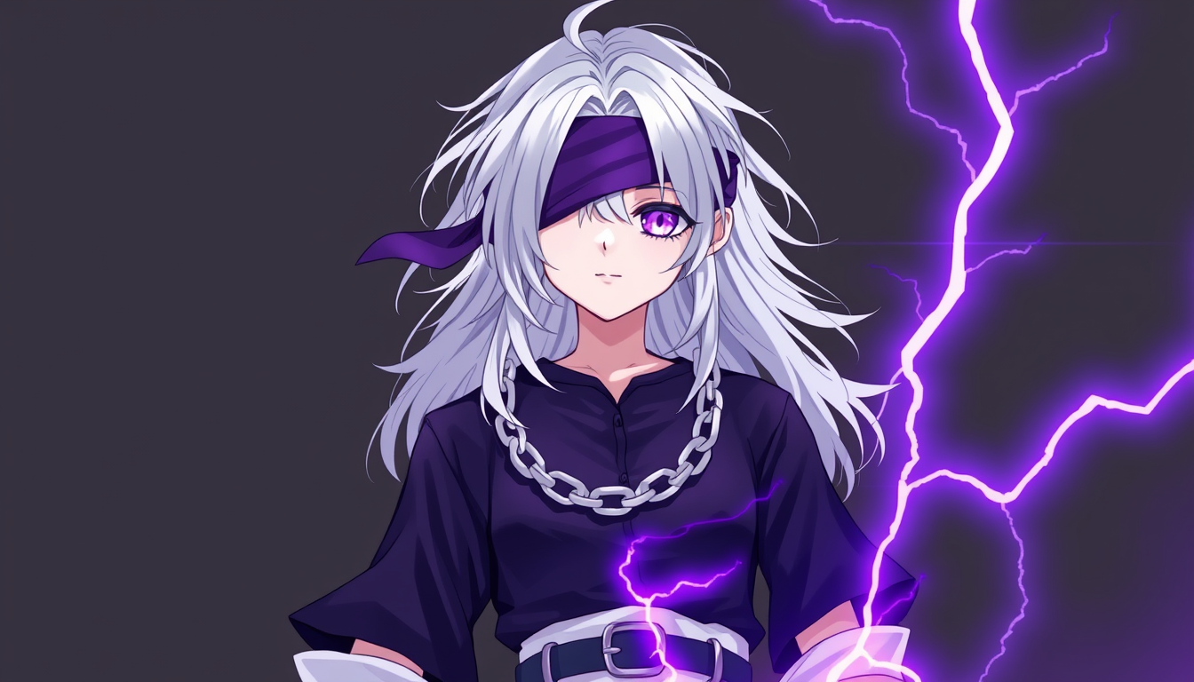 Main art studio: white hair + pale skin + black shirt + white chain + purple Eye of Ender + purple blindfold/headband + white pants + dark belt + purple electricity