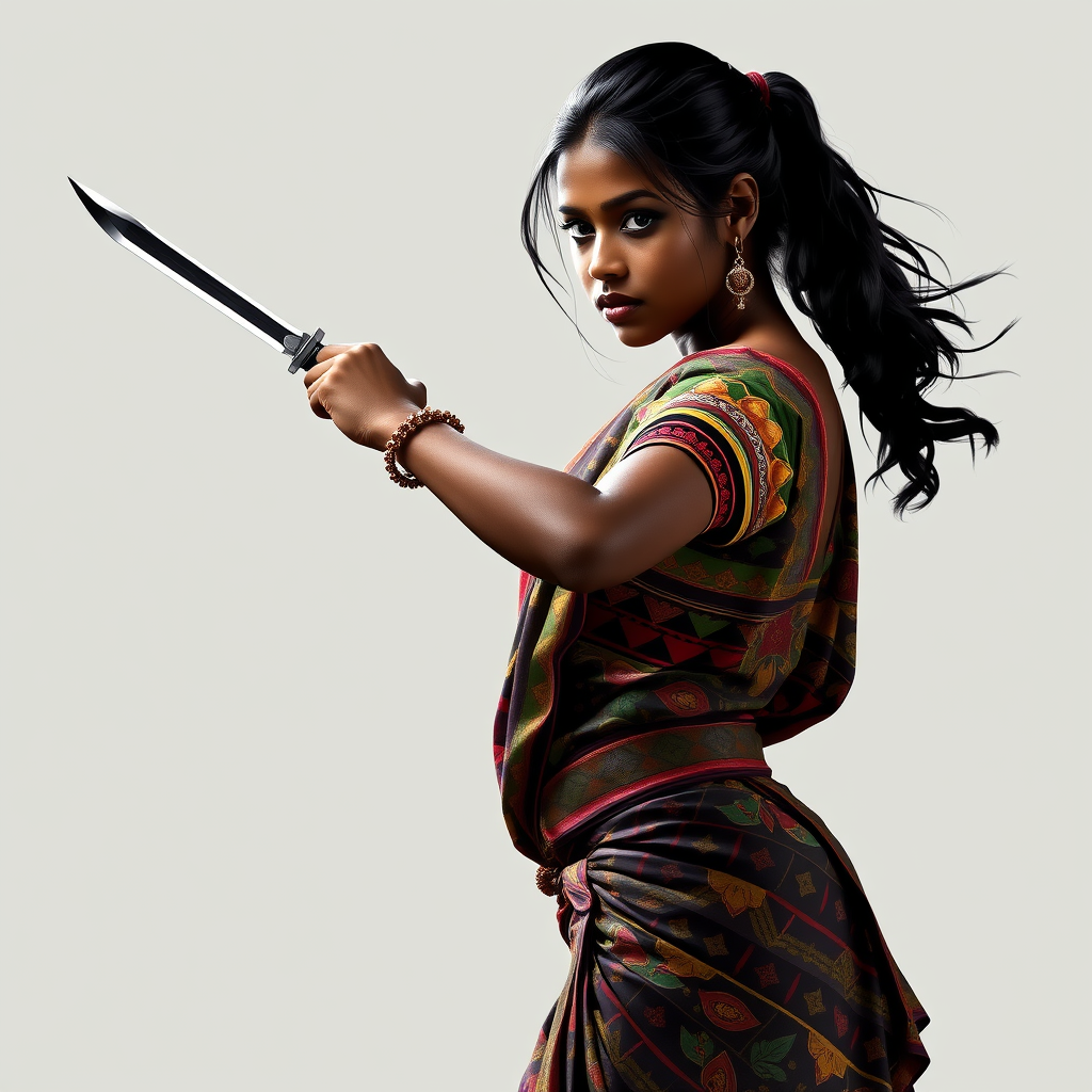 Main art studio: Outline of a young black indian woman in traditional colorfully patterned sari, but practical to fight. Hair loosely tied back. One dagger in one hand