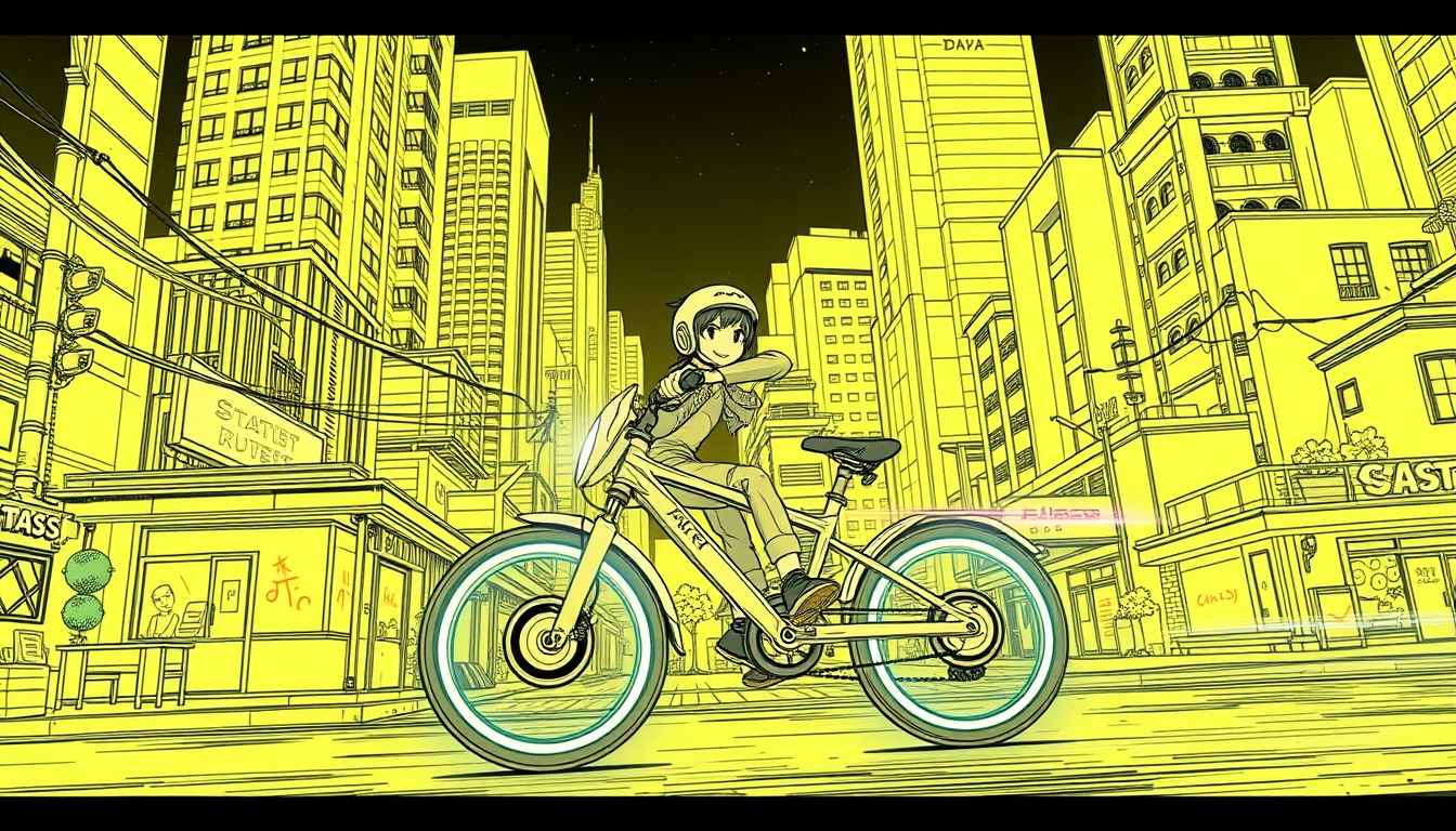 Main art studio: Please draw a conceptart drawing in japanese manga-style with lots of fine linework and detail with skyscrapers, small houses and pitoresque little bo