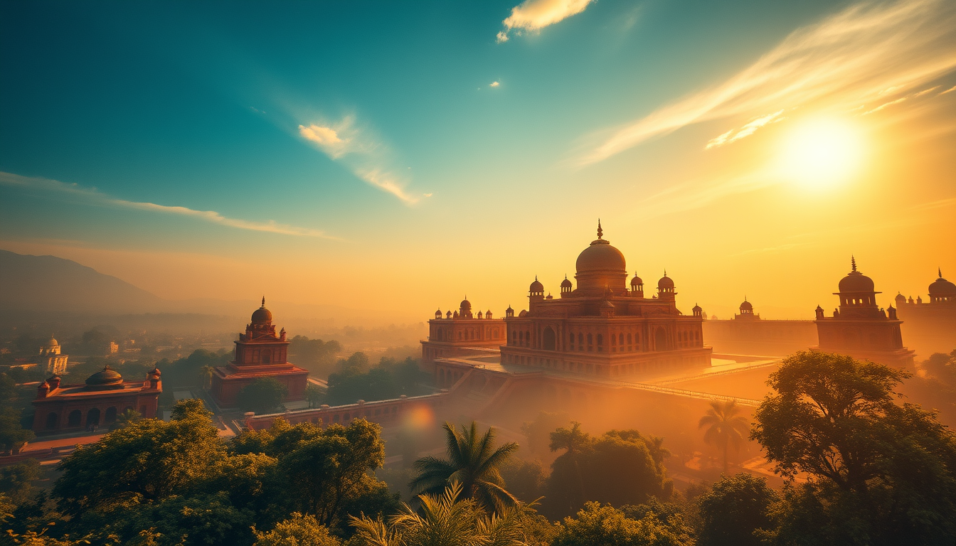 AI Art prompt example created from the prompt: "भगवान श्रीकृष्ण और राधा रानी वृंदावन में दिव्य प्रकाश के बीच खड़े हैं। चारों ओर हरियाली, कमल के फूल, मोर, शांत यमुना और सुनहरी सूर्योदय की 