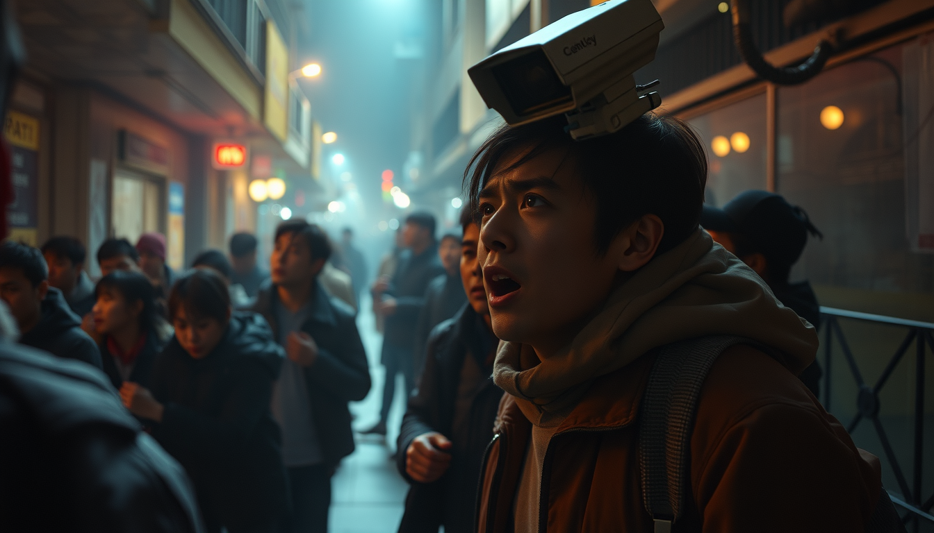 Main art studio: A dramatic but non-graphic scene of people reacting with shock to an unexpected event, CCTV camera visible in the environment, tense atmosphere, cinem