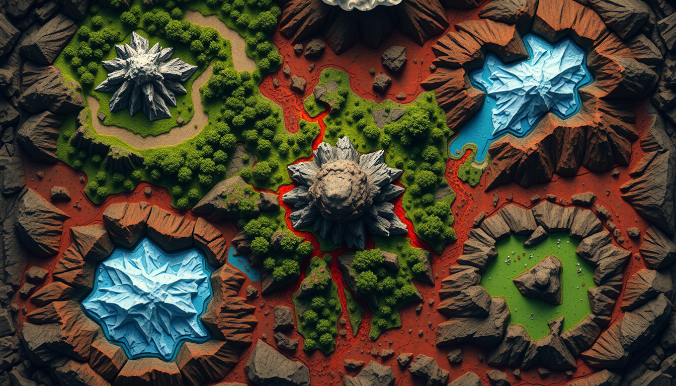 Main art studio: :::writing{variant="standard" id="48153" title="Prompt — mondes bien séparés"} Top-down fantasy volcano map, landscape. Small rocky crater in the cent