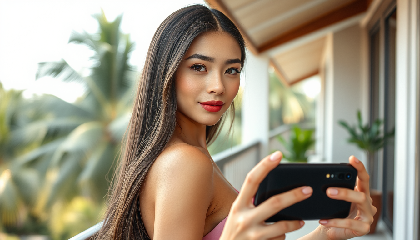 Main art studio: Photorealistic adult female fashion model, long brunette hair, elegant pink dress, natural skin texture, realistic facial features, outdoor balcony, t