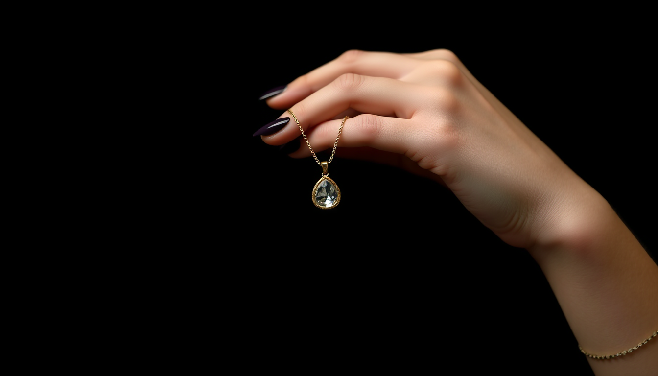 AI Art prompt example created from the prompt: Luxury jewelry brand image, elegant feminine hand silhouette holding a delicate gold pendant necklace between fingers, a beautiful gold brac