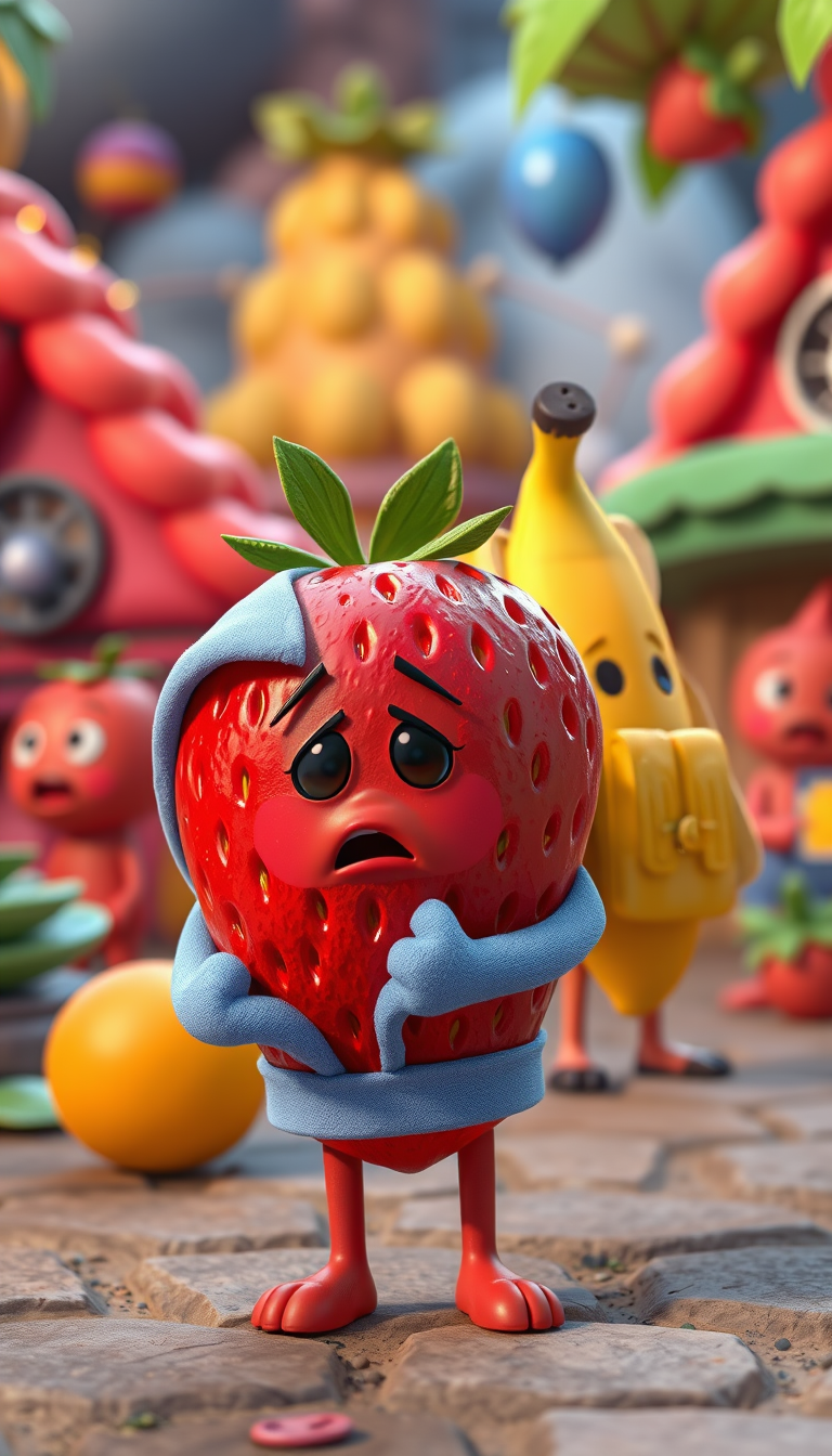 Main art studio: The same cute anthropomorphic strawberry character from the previous scene, wearing the same small blue hoodie, standing in the colorful magical fruit