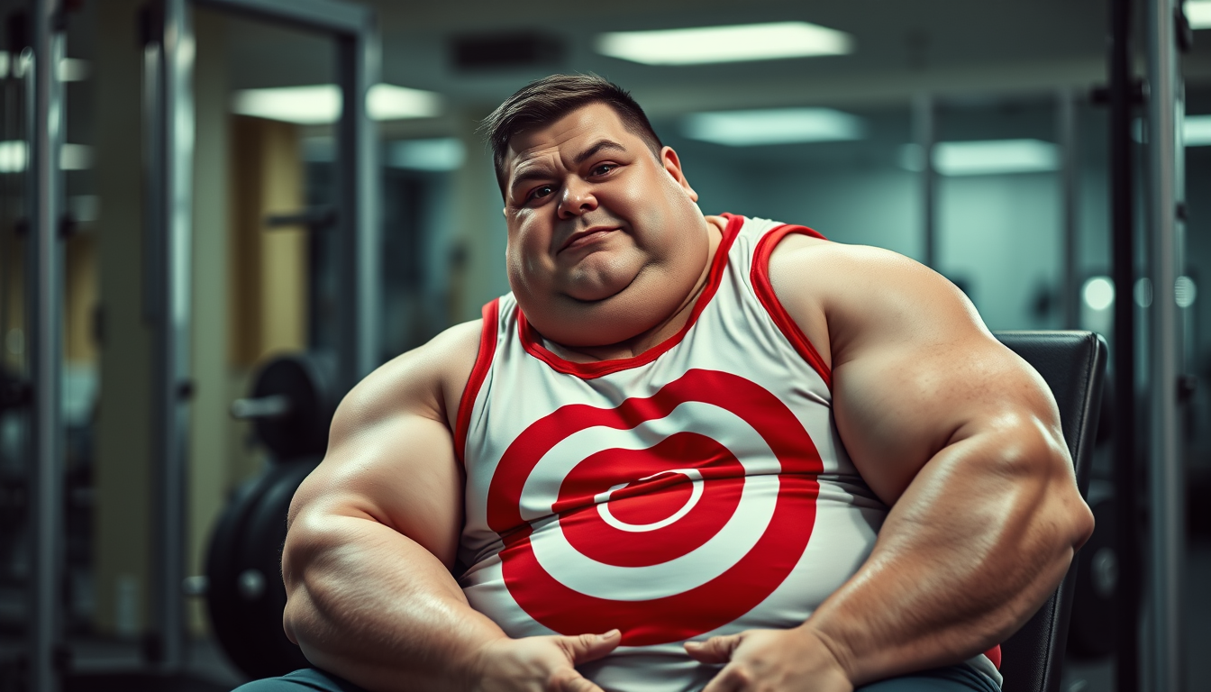 Realistic Images idea: photorealistic generated image, natural materials and skin texture, physically plausible lighting, A hilarious fictional overweight bodybuilder sittin