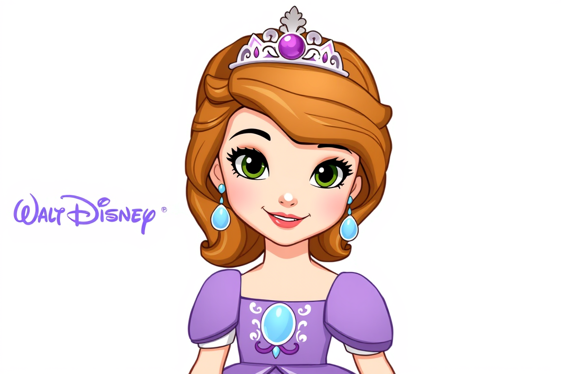Main art studio: Sofia the First, full character, high resolution, sharp and clear. Add the separate text **“Walt Disney”** beside her on either the left or right. Kee