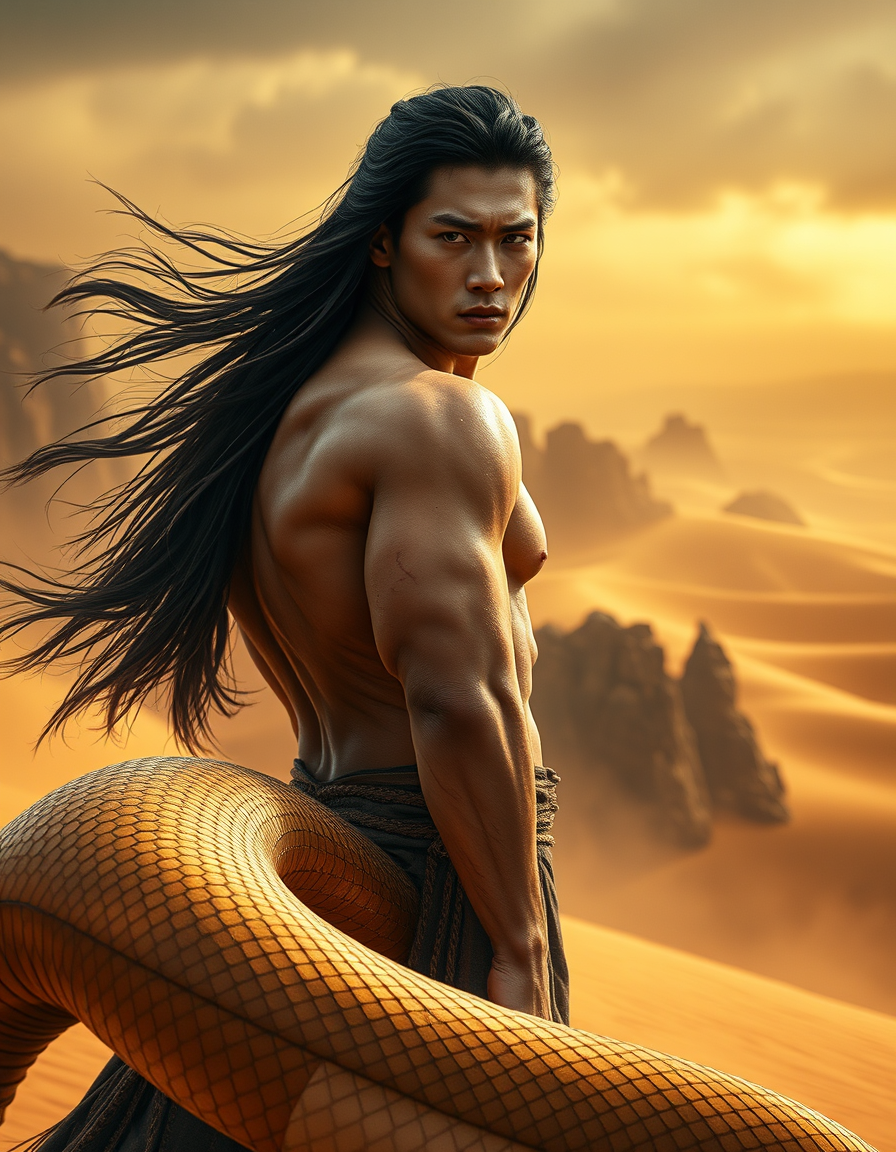 Main art studio: Cinematic dark fantasy, photorealistic. Handsome, very muscular young Korean Serpent King with a completely human Korean face, almond eyes, straight n
