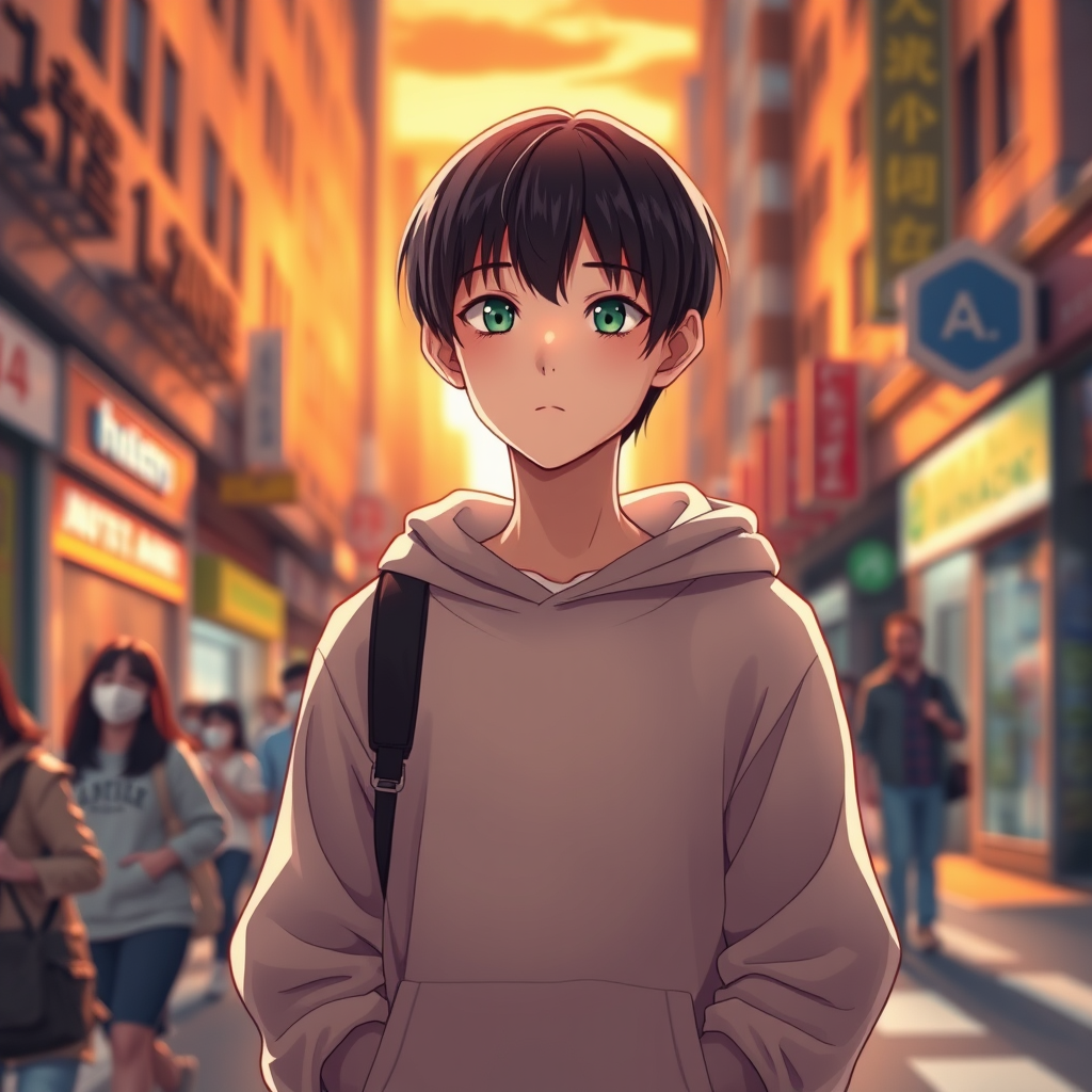 Main art studio: Soft painterly anime, upper-body portrait of an 18-year-old boy with straight black chin-length hair, thick bangs covering his ears, aqua-green eyes,