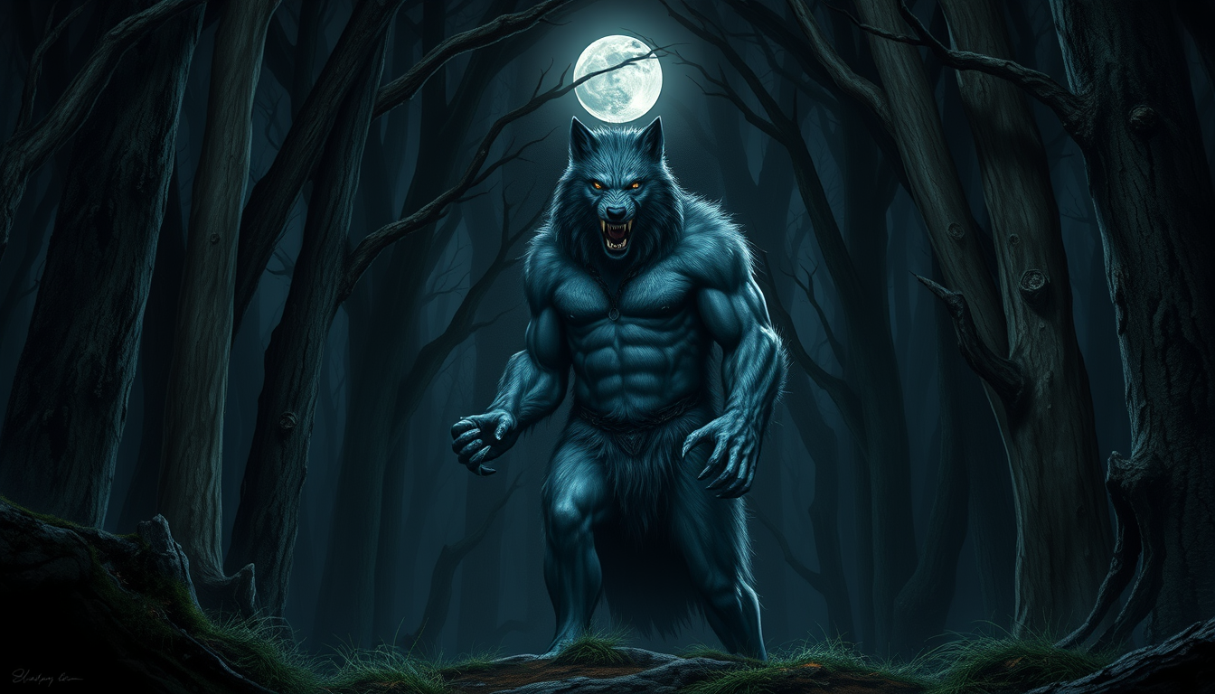 Main art studio: An upright, standing, muscular, fierce, and wild-looking King of Werewolves, Bedlam Blue, in a dense old oak forest, with a full moon above. Much fier