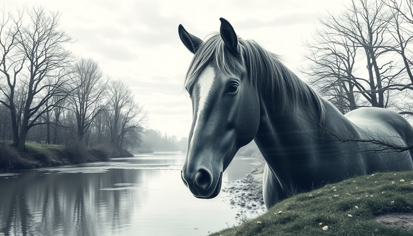 AI Art prompt example created from the prompt: Double Exposure Animal Art: mit einem pferd und einer flusslandschaft dahinter hintergrund weiss