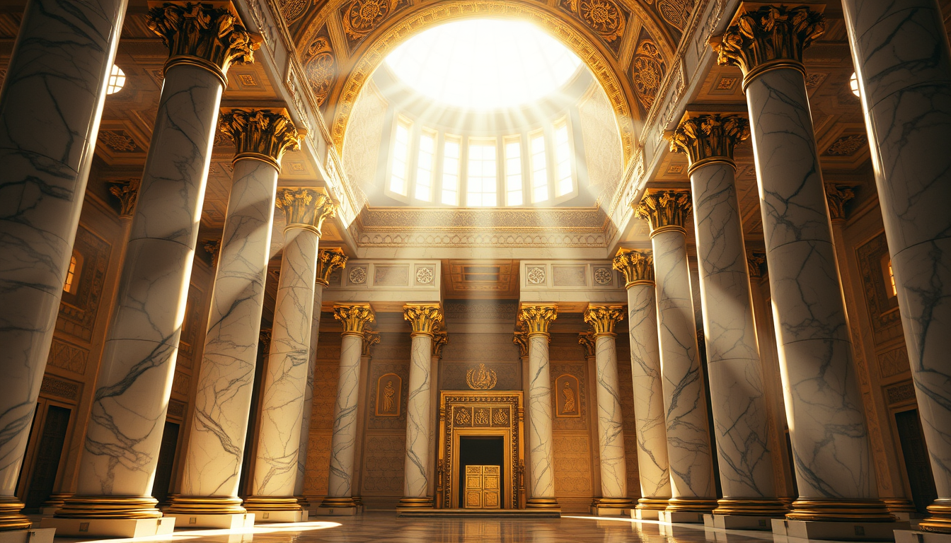 Main art studio: Magnificent ancient Egyptian palace inspired by Prophet Yusuf's era, luxurious marble columns, royal golden hall, dramatic sunlight pouring through ma