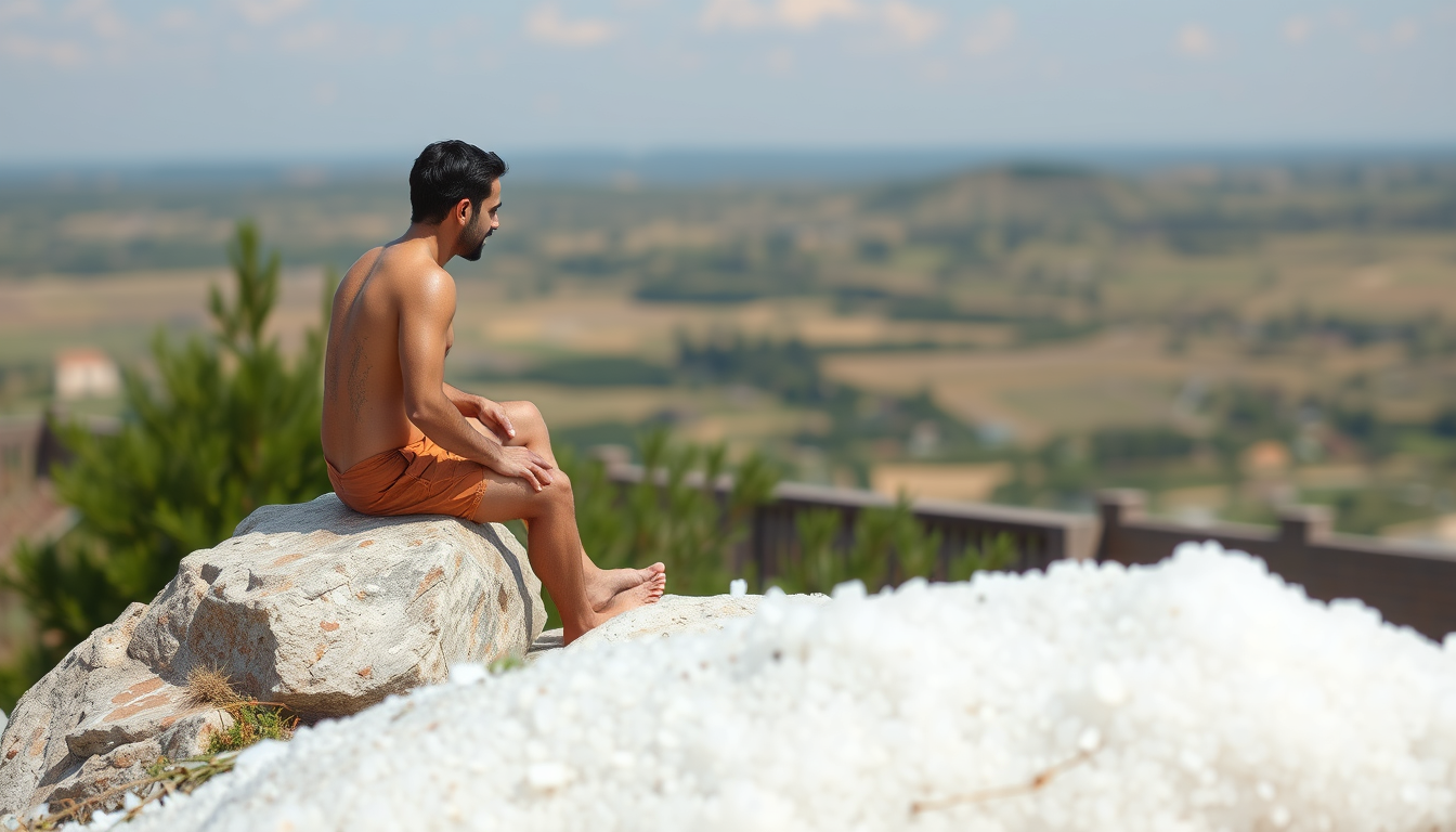 Main art studio: generate me a picture of a man the size of a grain of salt sitting on a rock overlooking a gisnt backyard